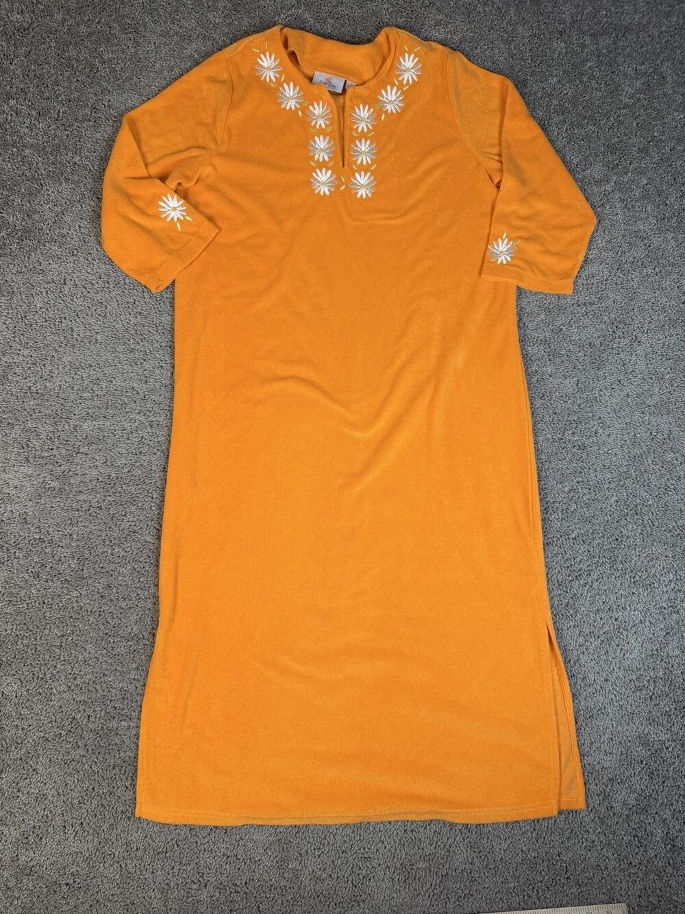 Quacker Factory Gown Womens M Orange Kaftan Floral Terry Embroidered 3/4 Sleeve